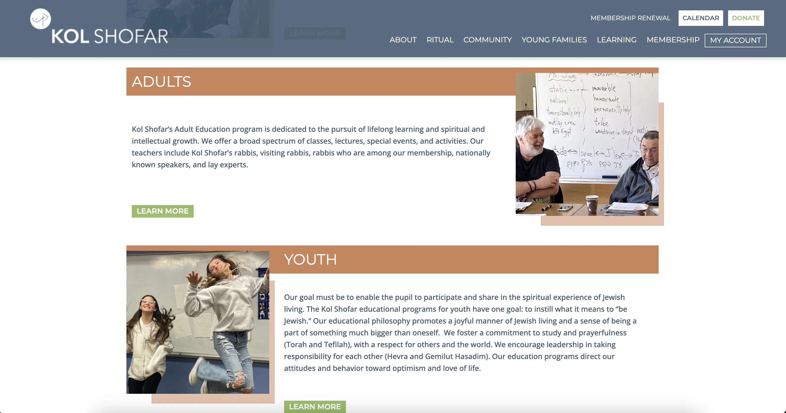 Kol Shofar responsive website redesign, content page 3