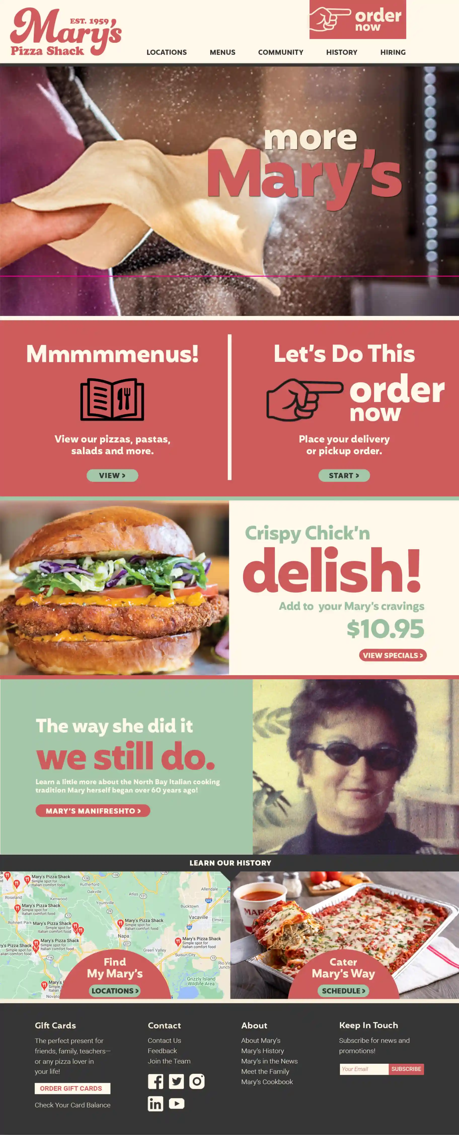 Mary's Pizza Shack responsive website redesign, homepage layout and visual identity